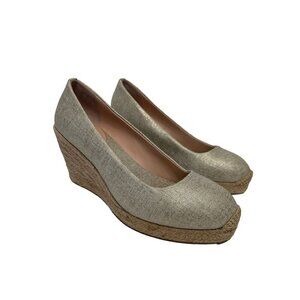 J. Crew Women's Linen Metallic Gold Beige Wedge Slip On Round Toe Espadrilles 8